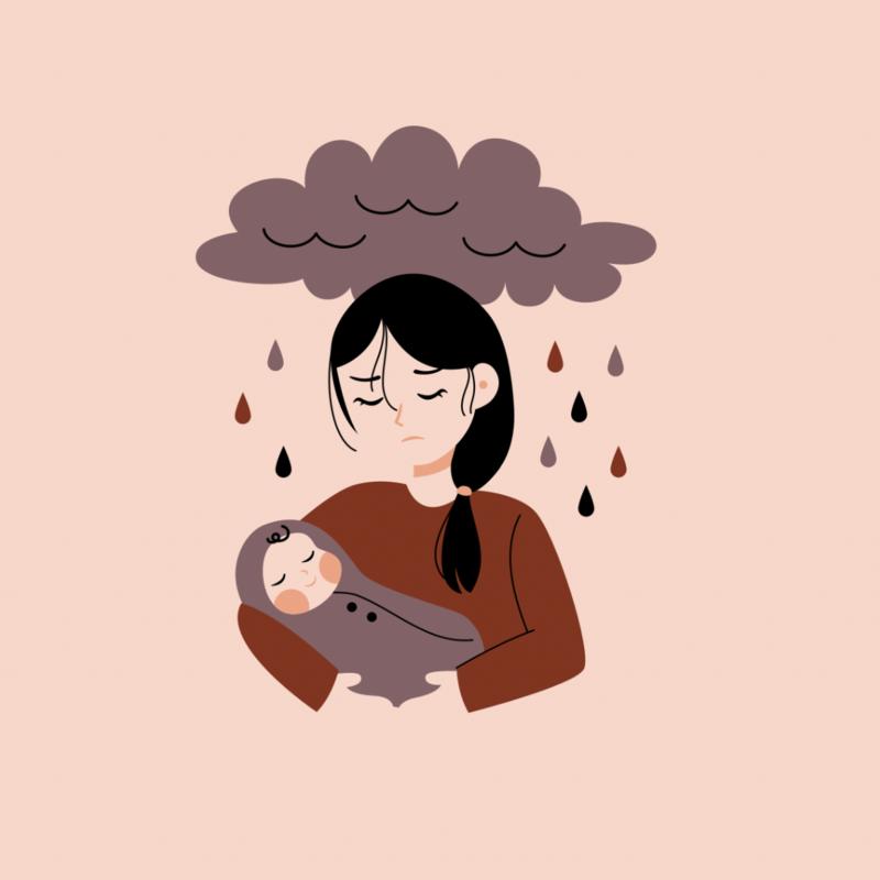 Fødselsdepression - kvinde med et nedtrykt ansigtsudtryk holder en baby i armene. Ovenover er en sky med regn.