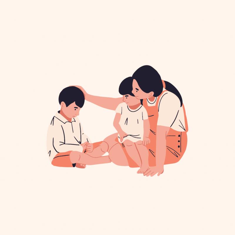 Billede af mor som trøster sine børn. Terapi til børn.